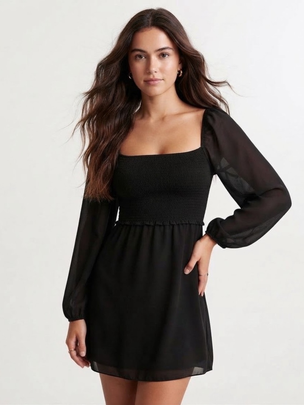 Wilfred by Aritzia Villa Dress Black Smocked Mini Size O Side zip